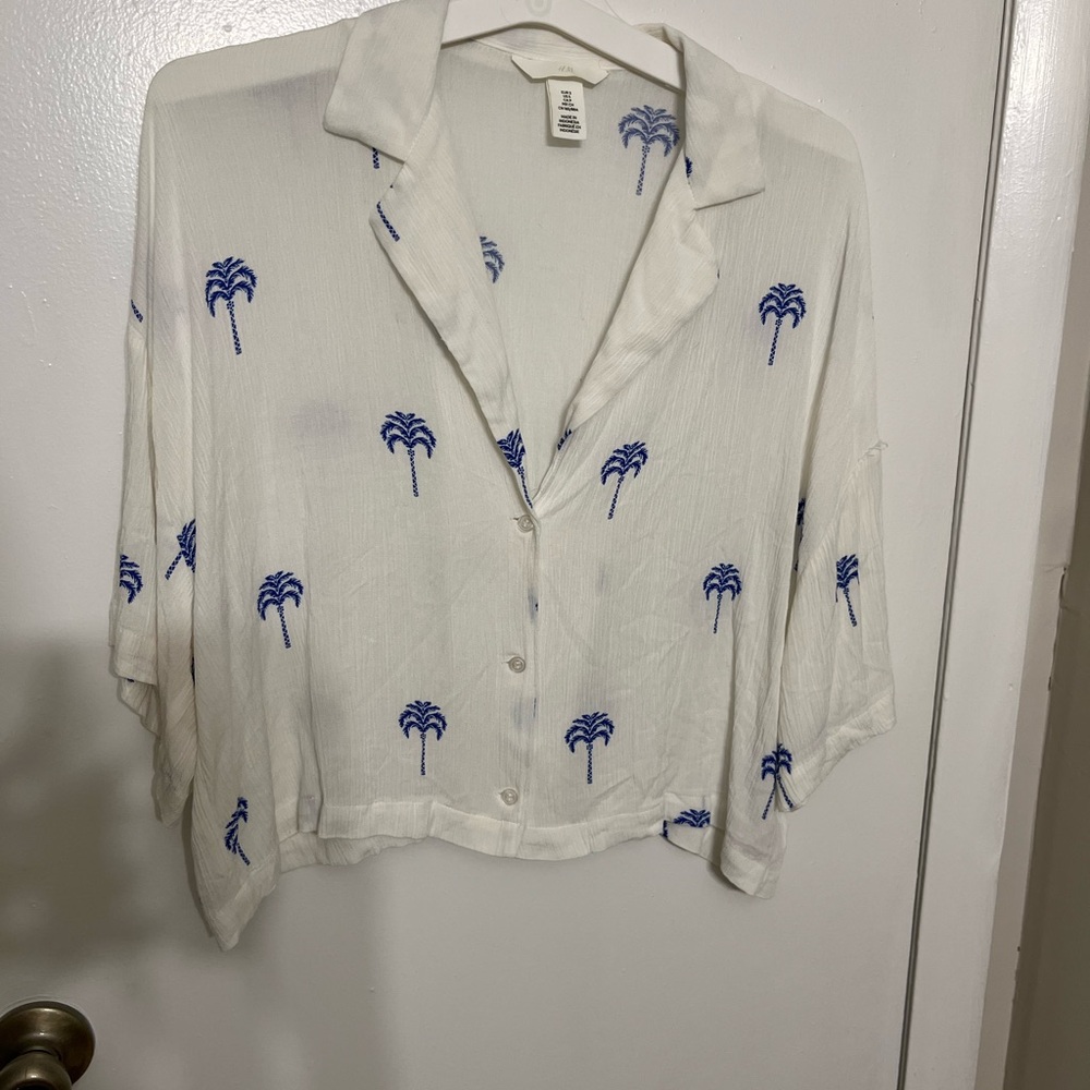 White and Blue Palm Tree Print Women's Top